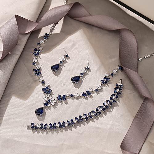 EVER FAITH Bridal Jewelry Set for Bride Bridesmaid, Flower Leaf Teardrop Cubic Zirconia Necklace Dangle Earrings Bracelet Set Wedding Party Jewelry for Women - Image 4