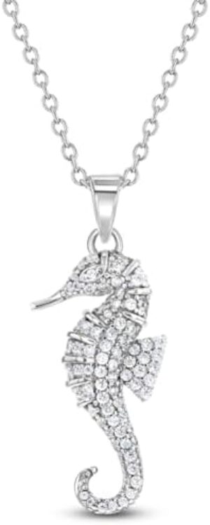 925 Sterling Silver 17" CZ Seahorse Nautical Ocean Charm Pendant Necklace Teens - Elegant& Shiny Clear Cubic Zirconia Pendant Necklaces for Women - Fashionable Jewelry for Ocean Lovers