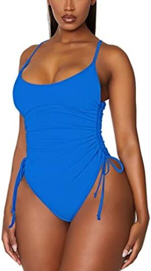 AOHITE Women's Tummy Control One Piece Swimsuits Drawstring Ruched High Cut Bathing Suit Cheeky Swimwear Solid & Printed