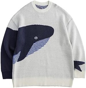 Aelfric Eden Mens Whale Print Pullover Sweaters Vintage Casual Knit Sweater Streetwear Oversized Tops