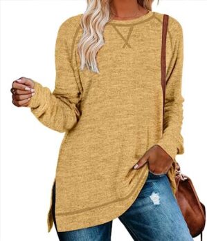 Aokosor Womens Sweaters Long Sleeve Shirts Lightweight Side Split Tunic Tops for Leggings Trending Now 2023