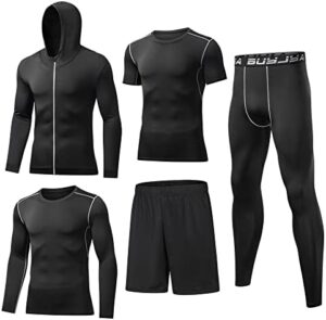 BUYJYA 5Pcs Men's Compression Pants Shirt Top Long Sleeve Jacket Athletic Sets Gym Clothing Mens Workout Valentine's Day gift