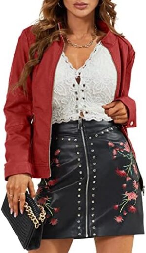 Bellivera Faux Leather Jacket Women Motorcycle Zipper Bomber PU Bike Coat with Pockets