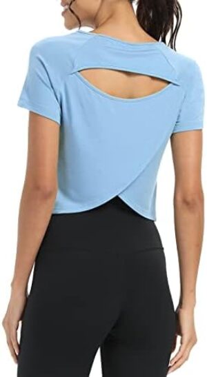 Bestisun Women Short Sleeve Cross Back Workout Crop Tops Backless Yoga Athletic Gym Shirts
