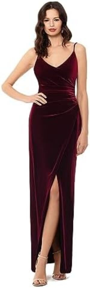 Betsy & Adam Long Slim Velvet Cami Ruched - Floor Length Dress - V Neck Evening Gown - Formal wear with Slit