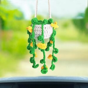 Boho Rear View Mirror Hanging Accessories Orange Flower Knitted Plant Charm Car Rearview Mirror Hanging Accessories Truck Car Decor Gadgets for Women Teens Girls Funny Things Christmas Gifts