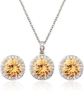 Bridal Crystal Jewelry Set – Sterling Silver Round Cubic Zirconia CZ Rhinestone Halo Birthstone Pendant Necklace Stud Earrings Set for Wedding Bride Bridesmaids Birthday Gift