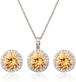 Bridal Crystal Jewelry Set - Sterling Silver Round Cubic Zirconia CZ Rhinestone Halo Birthstone Pendant Necklace Stud Earrings Set for Wedding Bride Bridesmaids Birthday Gift