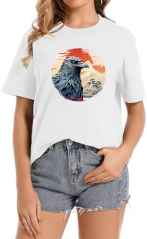 Cartoon Raven Vintage Retro Short Sleeve Tee for Women - Ideal Choice for 70s Theme Parties or Fashionable Looks White