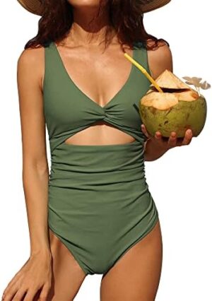 Charmo Womens One Piece Swimsuit Ruched Tummy Control High Cut Backless V Neck Bathing Suits Swimwear