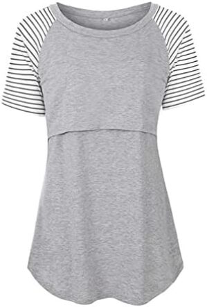 Cotton Maternity Nursing Tops Short Sleeve Breastfeeding Clothes Shirt Stripe Round Neck Blouse with Pocket