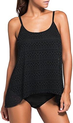 DANIFY Women's Layered Lace Mesh Swimsuit Plus Size Swimwear Tankini Bathing Suit Tummy Control Swim Dress Cover up Swimdress