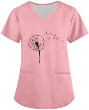Dandelion Printed Scrub Shirts for Women Plus Size Stretchy Medical Uniform V Neck Short Sleeve Nurse Workwear Tops