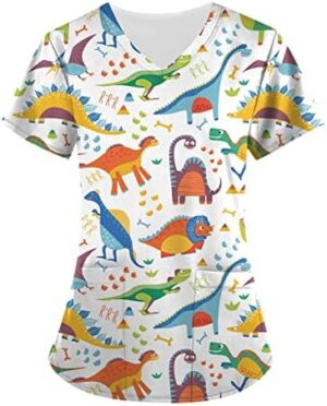 Dinosaur Scrub Tops Women Plus Size Scrub for Women Cute Animals Nursing Uniforms Cartoon Scrub Top