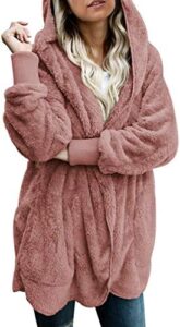 Dokotoo Womens 2023 Winter Long Sleeve Solid Fuzzy Fleece Open Front Hooded Cardigans Jacket Coats Outerwear with Pocket