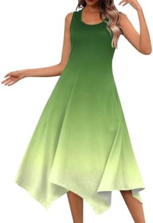 Dresses for Women 2024 Wedding Guest Casual Summer Sleeveless Midi Dress O-Neck Irregular Hem Knee Length Floral Sundresses