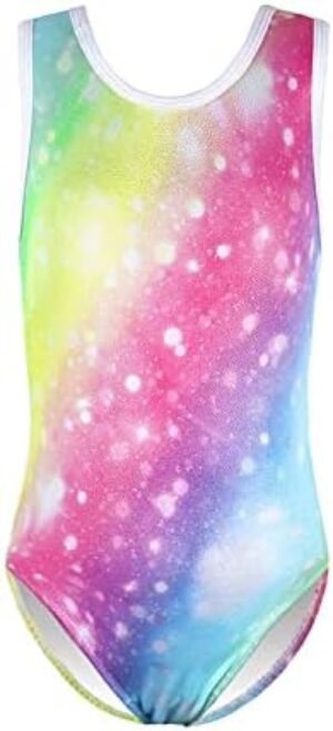 EQSJIU Gymnastics Leotards for Girls Kids Sparkly Patterned Rainbow Galaxy Aurora Colorful Butterfly Flower Dancewear