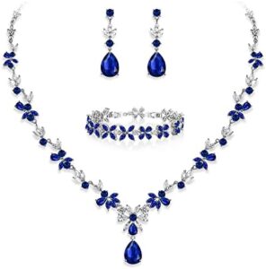 EVER FAITH Bridal Jewelry Set for Bride Bridesmaid, Flower Leaf Teardrop Cubic Zirconia Necklace Dangle Earrings Bracelet Set Wedding Party Jewelry for Women