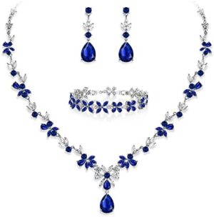 EVER FAITH Bridal Jewelry Set for Bride Bridesmaid, Flower Leaf Teardrop Cubic Zirconia Necklace Dangle Earrings Bracelet Set Wedding Party Jewelry for Women