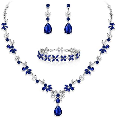 EVER FAITH Bridal Jewelry Set for Bride Bridesmaid, Flower Leaf Teardrop Cubic Zirconia Necklace Dangle Earrings Bracelet Set Wedding Party Jewelry for Women