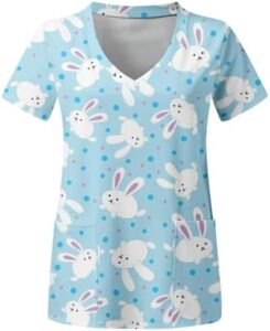 Easter Scrub Tops Women Short Sleeve V Neck Working Uniform Bunny Print Soft Stretch Holiday Workwear Blouse with Pockets