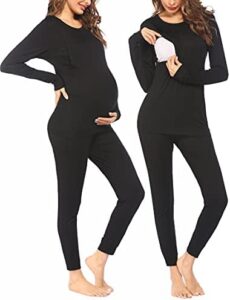 Ekouaer Maternity & Nursing Thermal Underwear Set Striped Knit Long Johns Set Top & Bottom Base Layer for Pregnant Women