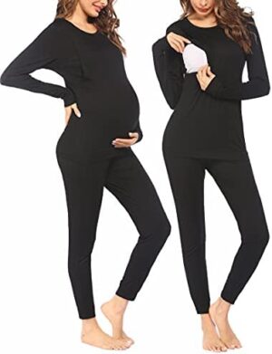 Ekouaer Maternity & Nursing Thermal Underwear Set Striped Knit Long Johns Set Top & Bottom Base Layer for Pregnant Women