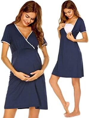Ekouaer Women 3 in 1 Delivery/Labor/Maternity/Nursing Nightgown Short Sleeve Pleated Breastfeeding Sleep Dress(S-XXL)