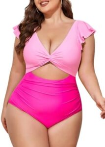 Eomenie Women’s Plus Size One Piece Swimsuits Tummy Control V Neck Cutout Bathing Suit Twist Front Ruffle Swimwear