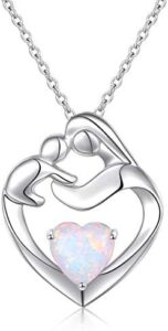 FLYOW Mothers Necklace 925 Sterling Silver Mother and Child Lab Opal Heart Pendant for Women Mother Daughter, Adjustable Hug Necklace New Mum Gifts