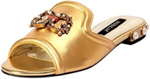 Fashion Dress Shoes Women Flat Slides Luxury Sandals Mature Party Black Buckle Slippers Slip on