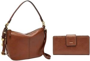 Fossil Women's Jolie Leather Crossbody Handbag, Brown with Women's Logan Faux Leather RFID Tab Clutch Wallet, Brown