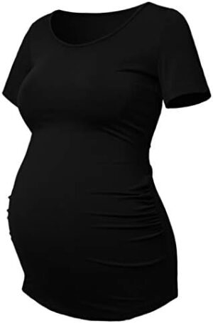 GINKANA Short Sleeve Maternity Tops Shirts Floral Ruched Sides Casual Mama Pregnancy Blouses Clothes