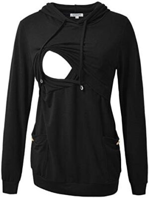 GINKANA Womens Nursing Hoodie Top Sweatshirt Long Sleeve Button Decoration Pockets Shirts Tunic Top