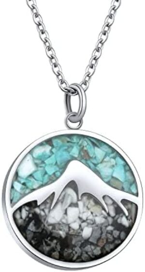 Gemstone Mountain Necklace for Women Turquoise Sodalite Tumbled Chips Pendant Necklace Dainty Circle Mountain Range Necklaces for Women Girls Nature Jewelry Gift