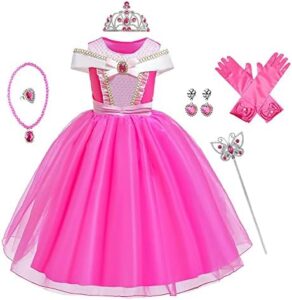 Girls Aurora Princess Dress Sleeping Beauty Fancy Dress Up Halloween Christmas Birthday Party Gown (w/Accessories)