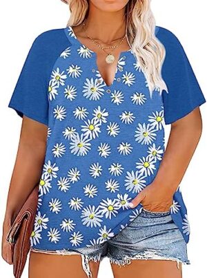 HDLTE Women Plus Size Tops Sexy V Neck Floral Tshirt Casual Short Sleeve Summer Tops