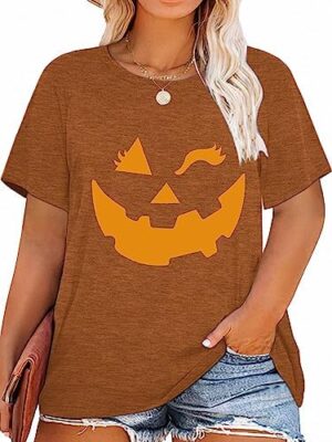 HDLTE Women's Crewneck Short Sleeve Shirts Plus Size Halloween Pumpkin Tops Casual Fall Tees 1x-5x