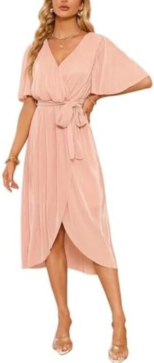 Happy Sailed Women's Wrap V Neck Midi Dress Formal Short Sleeve Pleated Cocktail Party Dresses with Belt