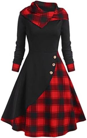 Holiday Dresses for Women Vintage 1950s Plaid Dress Retro Cocktail Party Swing Dresses Bowtie Front Formal Long Sleeve Dress