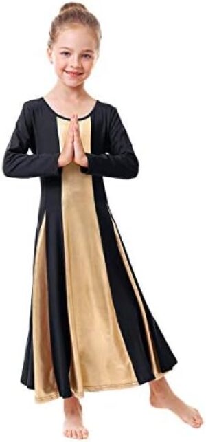 IBAKOM Little/Big Girls Metallic Gold Liturgical Praise Dance Dress Loose Fit Full Length Worship Tunic Circle Costume