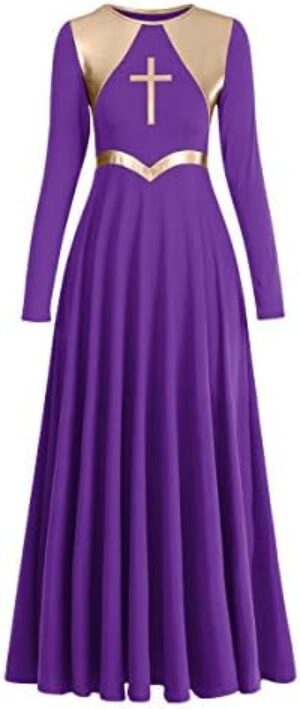 IBAKOM Womens Liturgical Praise Lyrical Dance Dress Loose Fit Full Length Long Sleeve Metallic Worship Costume Ballet