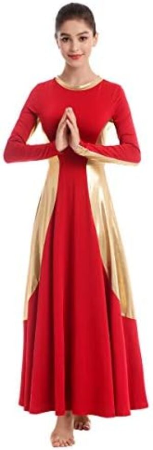 IBAKOM Womens Praise Liturgical Dancewear Long Sleeves Dance Dress Metallic Gold Loose Fit Full Length Tunic Circle Costume