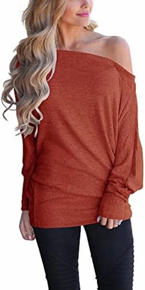 INFITTY Women's Off Shoulder Tops Casual Loose Batwing Sleeve Shirts Tunic Knit Oversized Pullover Sweater