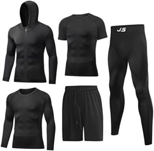 JULY'S SONG Men Compression Workout Set 5 PCS Dry Quick Shirt Pants Shorts Tights Jacket Clothes for Gym