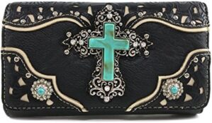 Justin West Tooled Leather Laser Cut Turquoise Rhinestone Cross Concho Studded Messenger Handbag with CrossBody Strap