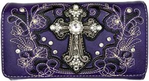Justin West Western Floral Wing Embroidery Laser Cut Rhinestone Silver Cross Studded Shoulder Tote Handbag Purse Wallet