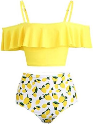 Kaei&Shi High Waisted Flounce Bikini Set,Tummy Control Swimsuits for Women,Off Shoulder