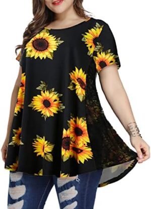 LARACE Short Sleeve Shirt for Womens Summer Clothes Lace Tunic Tops to Wear with Leggings Casual Plus Size Blouses