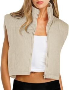 LASLULU Winter Cropped Puffer Vest Corduroy Lightweight Sleeveless Warm Outerwear Puffer Zip Up Jackets Sweater Coat Pockets